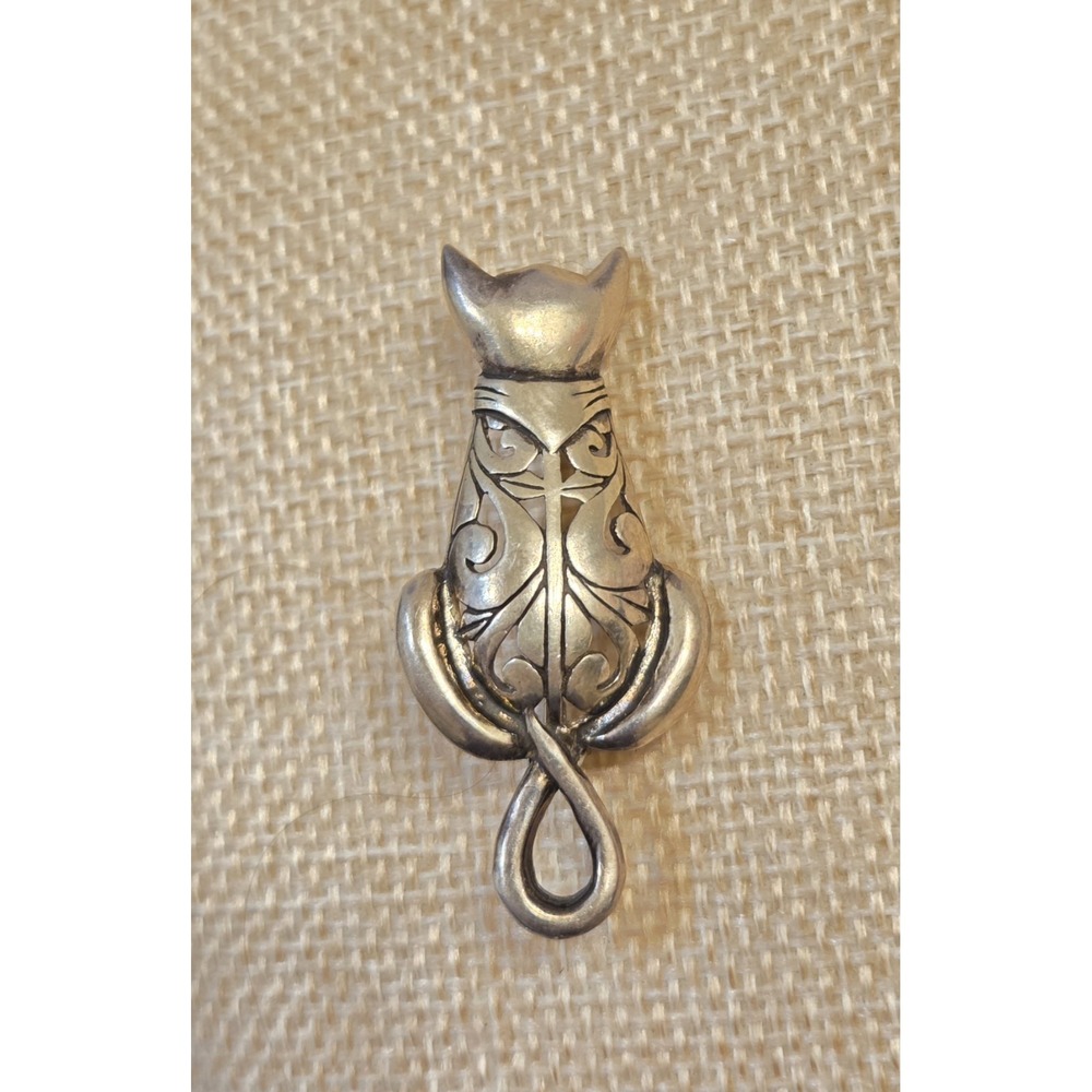 Vintage Sterling Silver Signed Jezlaine Scrollwork Cat Brooch 925